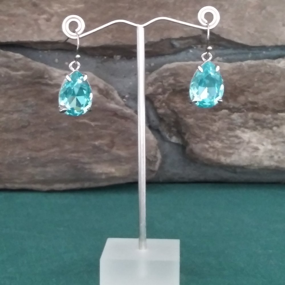 Aquamarine Color Crystal Fishhook Earrings - Picture 1 of 4